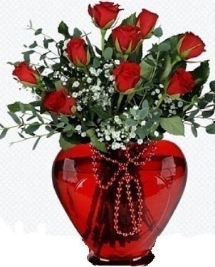 Kalp cam mika içinde 9 adet kırmızı gül  İzmir Konak kaliteli taze ve ucuz çiçekler 